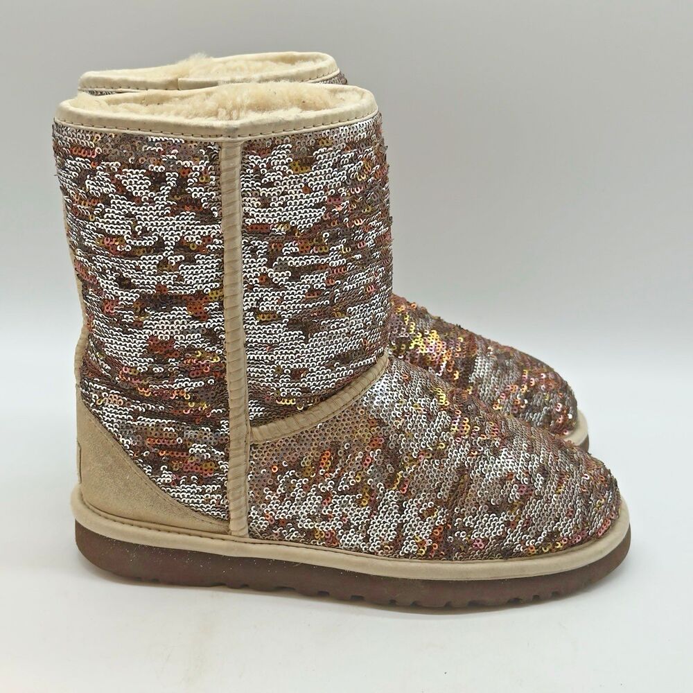 UGG Classic Short Sparkle Sequin Boots Women's 6 Bronze Silver Metallic 3353